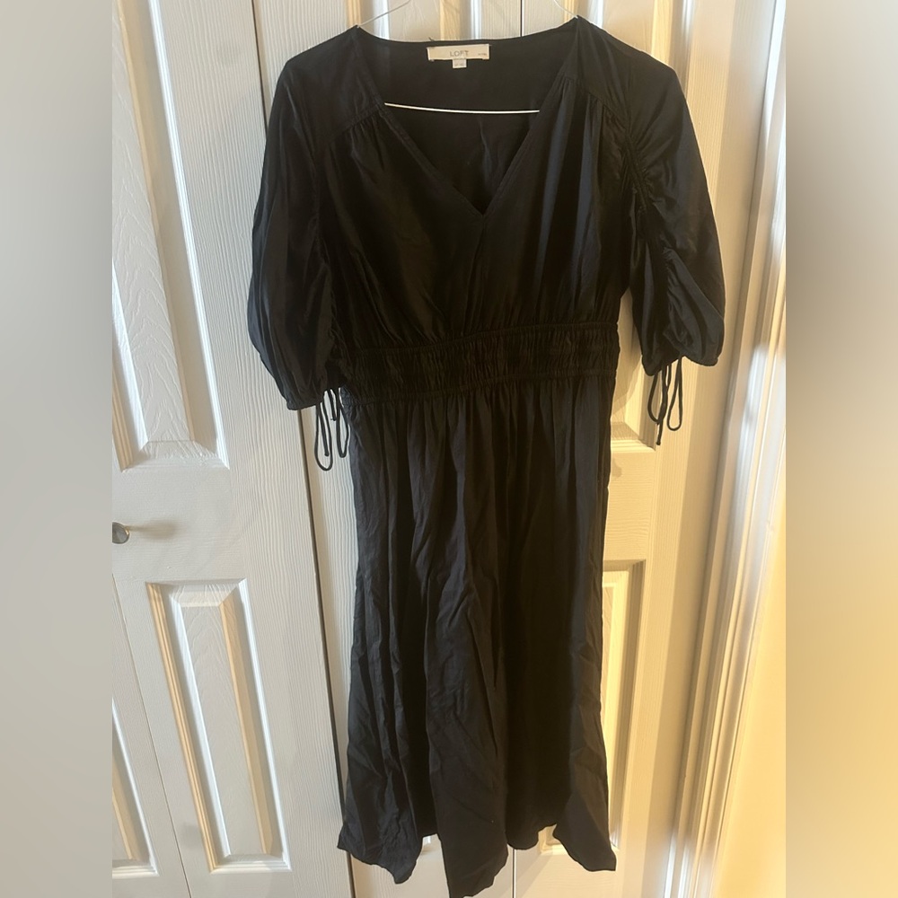 LOFT Black Puff Sleeve V-Neck Midi Dress